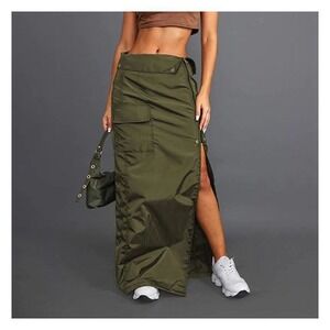 NWT Micas Cargo Maxi Skirt Asymmetrical Zip High Waist Utility Green Size XL